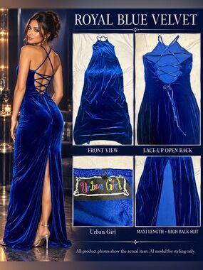 VTG 90s Urban Girl Royal Blue Velvet Maxi Dress Corset Back High Slit formal